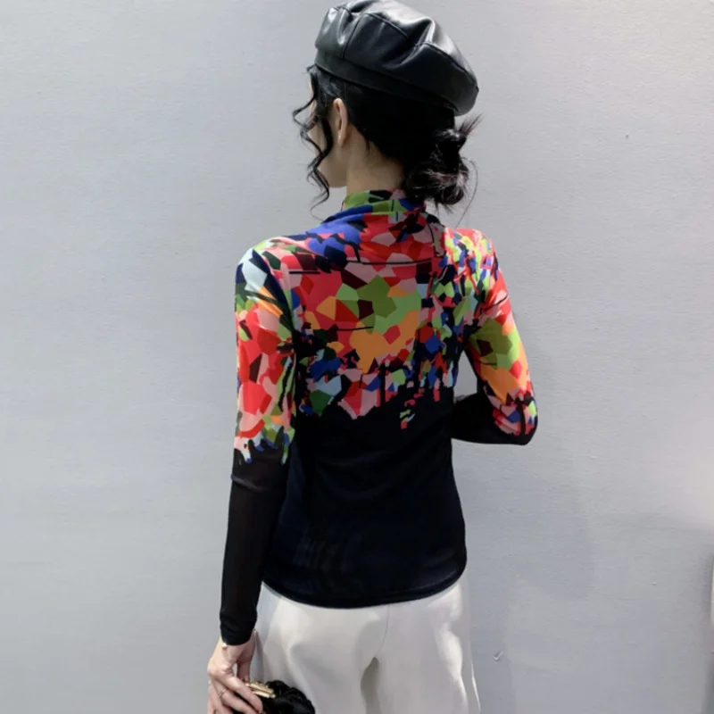 New European Clothing Women's Turtleneck Geometry Printed T-Shirt Autumn Long Sleeve Workwear Thicken Slim Tees Blouse