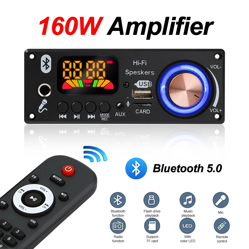 160W Amplifier Bluetooth 5.1 MP3 Decoder Board 12V DIY MP3 Player 2*80W Audio Player  Car FM Radio Module TF USB Mic Record