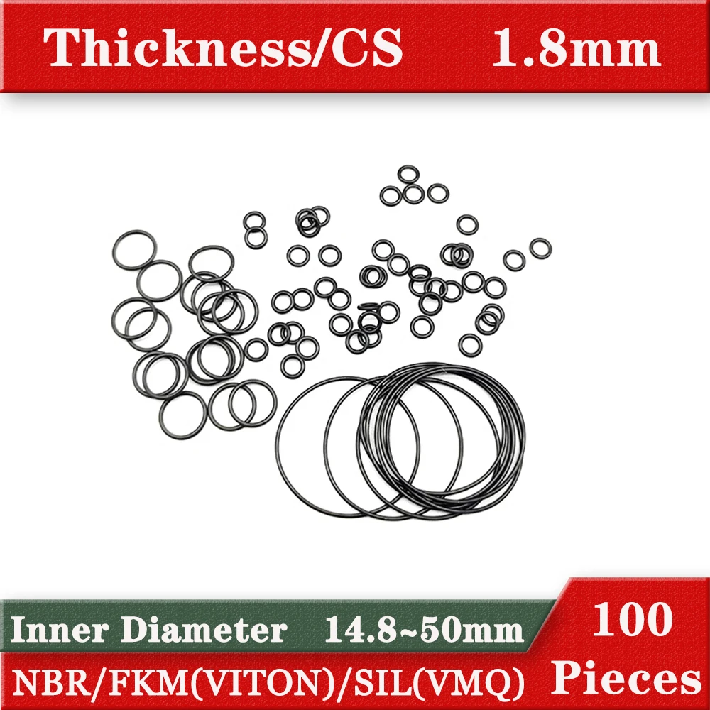 링 개스킷 크로스 섹션 실리콘 와셔, 두께 1.8mm, NBR FKM VMQ 고무 씰링 링 개스킷 O-링, ID 14.8-50mm