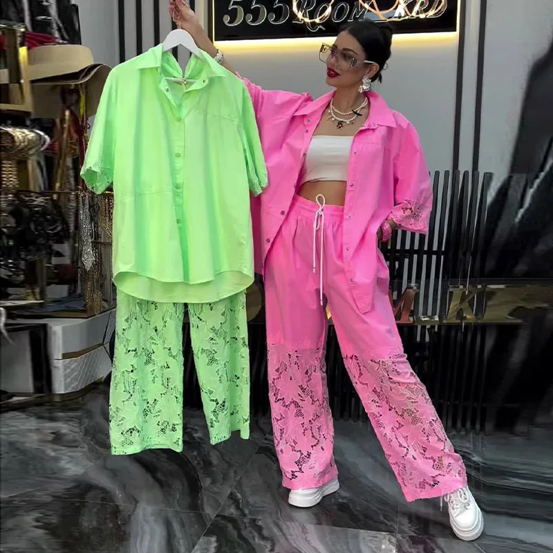 

Модный пригородный комплект из двух предметов, свободный однобортный однобортный комплект с лацканами, кружевная рубашка с высокой талией, комплект брюк на шнуровке для женщин