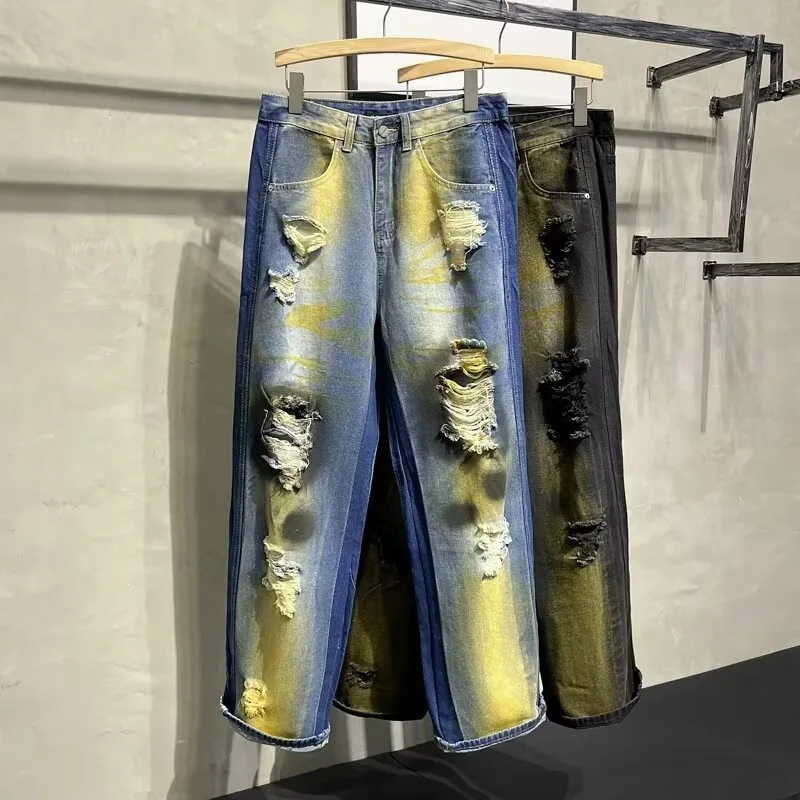 Men's Washed Tie Dye Ripped Jeans American Spring Summer Casual Fashion Retro High Street Washed Straight Leg Slim Denim Pants