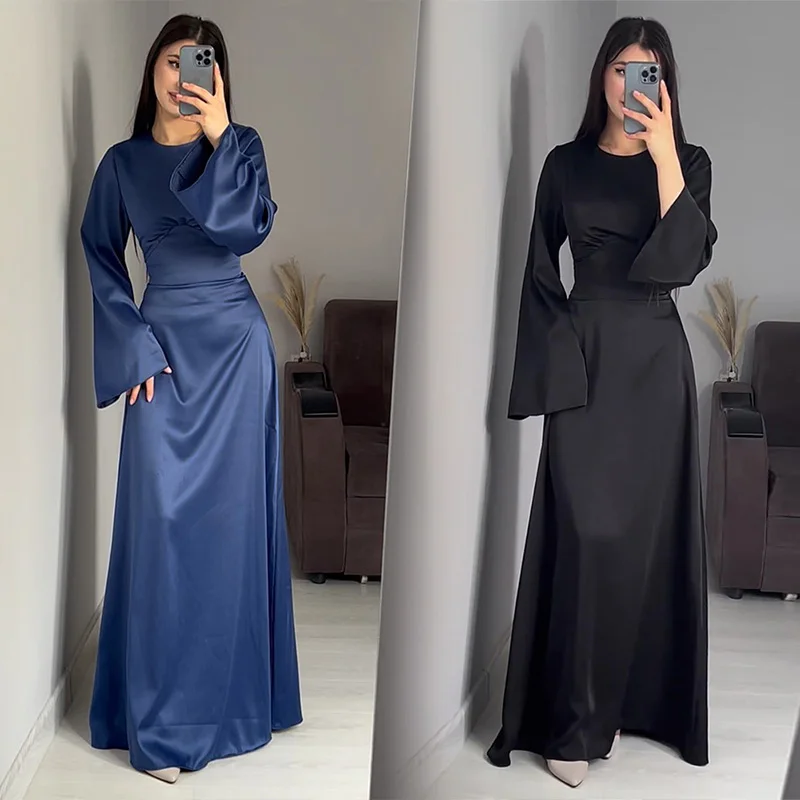 Women Clothing Lady Solid Satin Dress with Belt Femle Long Sleeve Elegant Long Dresses Partywear robes longues