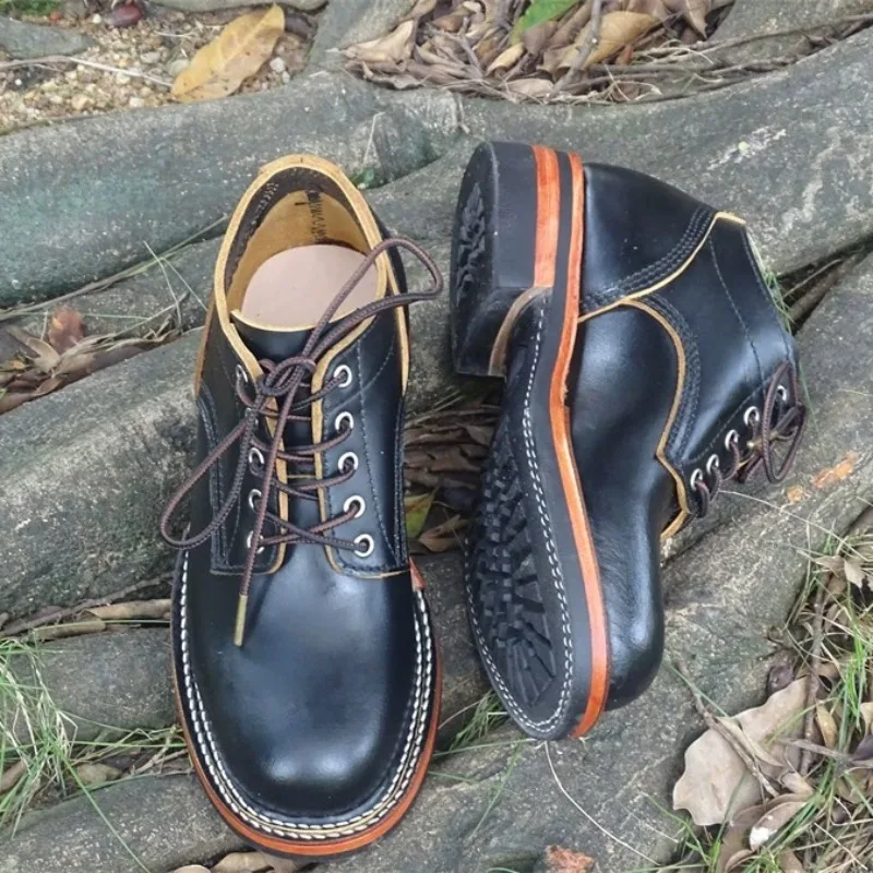 

Handmade Genuine Leather Chelsea Boots Men's Outdoor Work Lace Up Thick Sole Casual Leather Shoes Male Motorcycle Ankle Boots