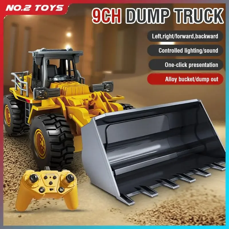 Alloy 9CH RC Engineering Car 2.4G Remote Control Truck Dump with LED Light Sound Effect RC Excavator Electronic RC Bulldozer Toy