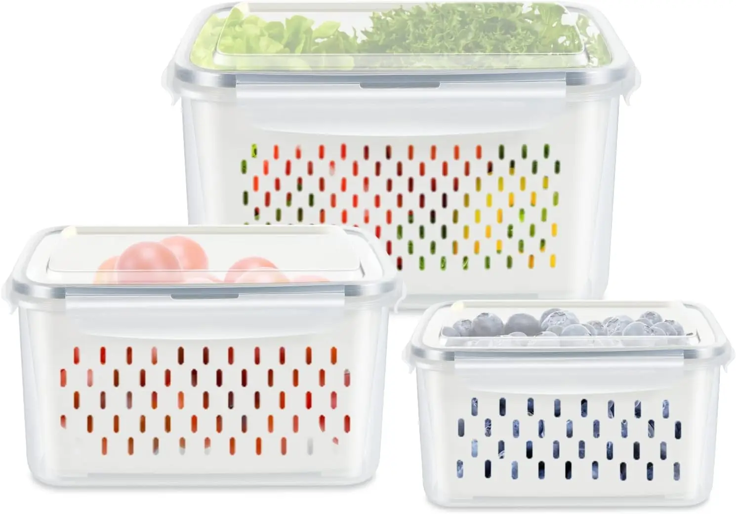 

3 Pack Fruit Storage Containers for Fridge, Produce Saver with Drain Colanders - Refrigerator Organizer for Lettuce Berry