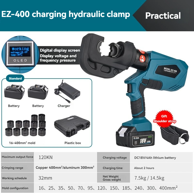 EZ-300/EZ-400 DC18V/4Ah Professional Rechargeable Hydraulic Crimping Pliers Digital Display Crimping Tool With 2 Batteries