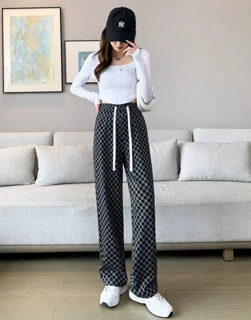 Ropa Casual para mujer, pantalones sueltos, pantalones a cuadros para mujer, tendencias de cintura alta, holgado, elástico de nailon con estética