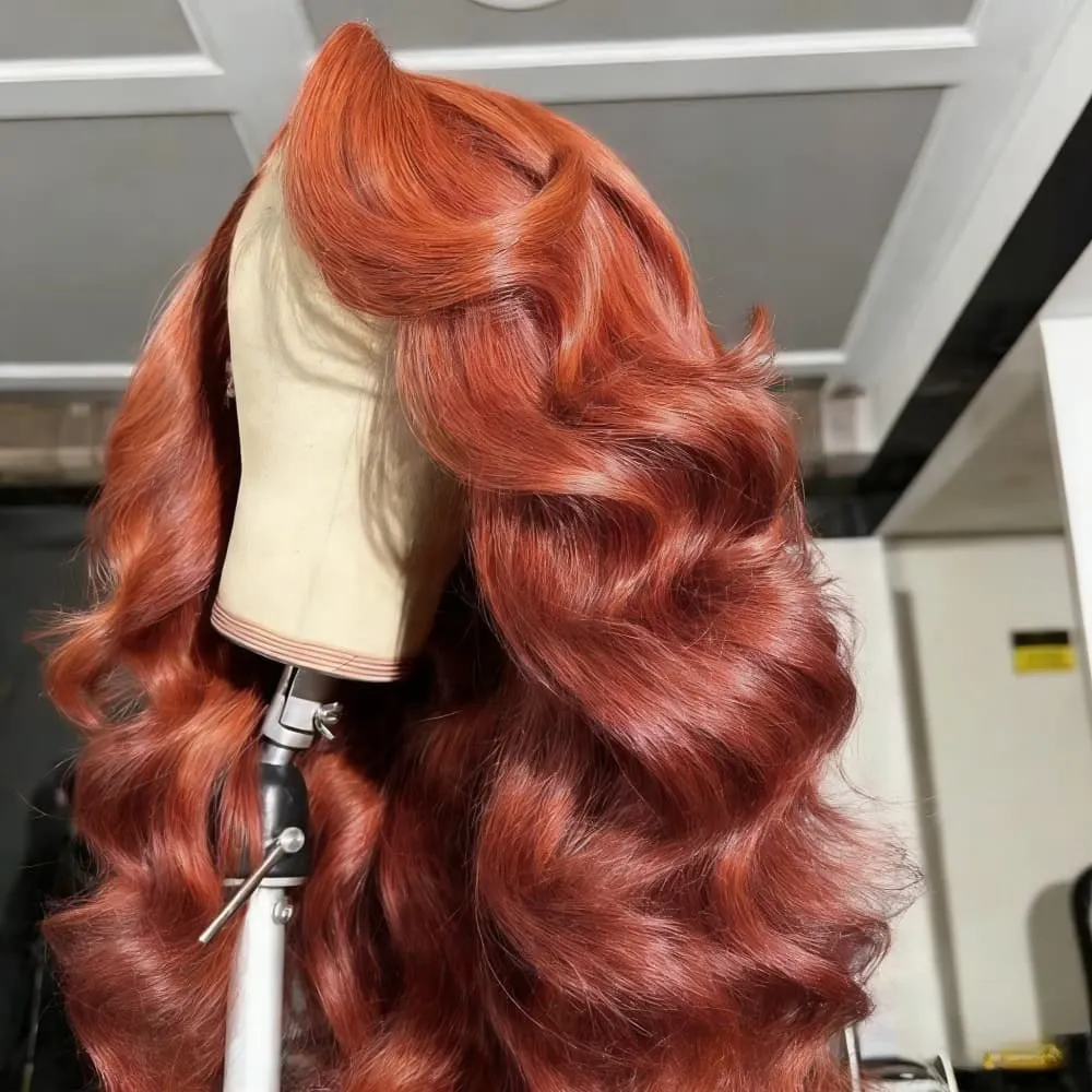 

Красно-коричневый парик с волнистыми прядями для женщин, с детской шелковистой прядью, 13x4 HD кружевной фронтальный парик, плотность 200%, без клея, предварительно проработанный.