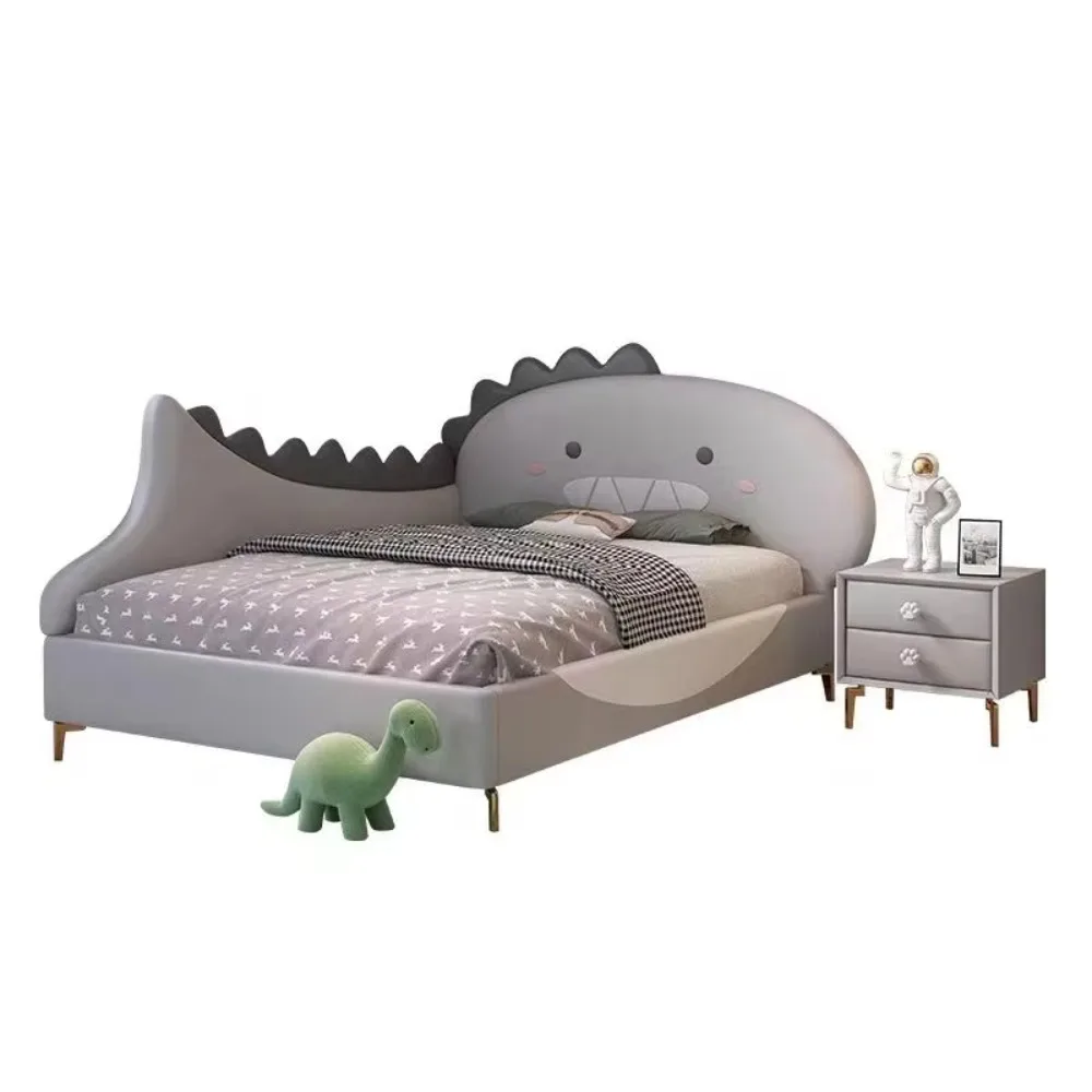 سرير أطفال حديث بتصميم ديناصور وإطار خشبي قوي ولوح رأسي مبطن ناعم لغرفة نوم الأطفال الصغار