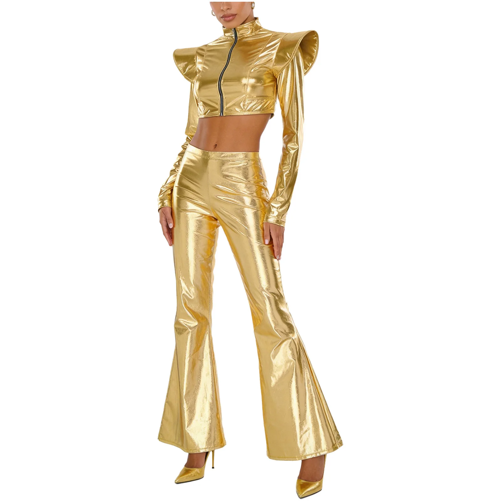 

Женские блестящие металлические клубные наряды: укороченный топ с длинными рукавами на молнии и расклешенные брюки для Хэллоуина, рок-музыки, дискотек и рейв-вечеринок