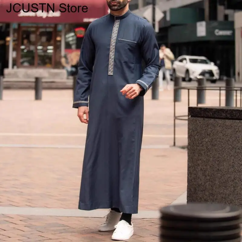 

2026 Spring New Islamic Muslim Arabic Men's Robe Long Sleeve Embroidered Stand Collar Arabian Thobe for Men Arab Men Thobe