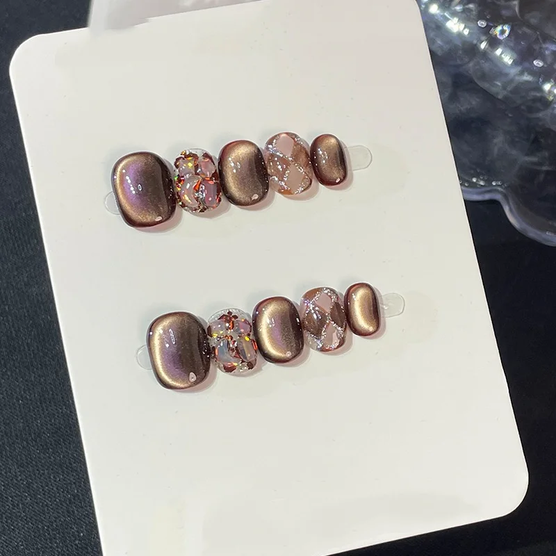 10Pcs Short Square Head Handmade False Nails Cat's Eye Shiny Powder Grid Press on Fake Nails Sequin Wearable Full Cover Nail Tip