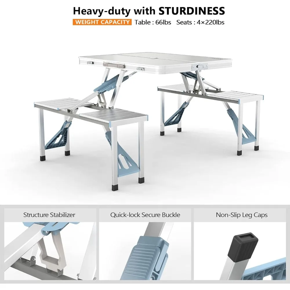 4Ft Folding Camping Picnic Table with Seats/Umbrella Hole-265 Lbs Support That Lightweight and Fold Up Card Suitcase Table Alum image 6