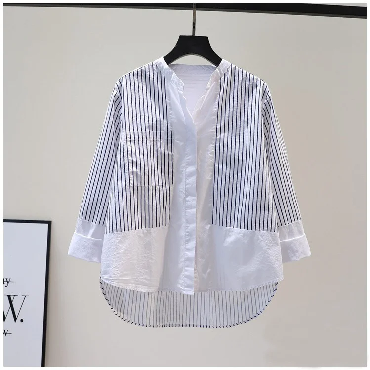 

Small fresh striped patchwork white shirt for women's spring and autumn fashion cotton stand collar long sleeved loose slimming