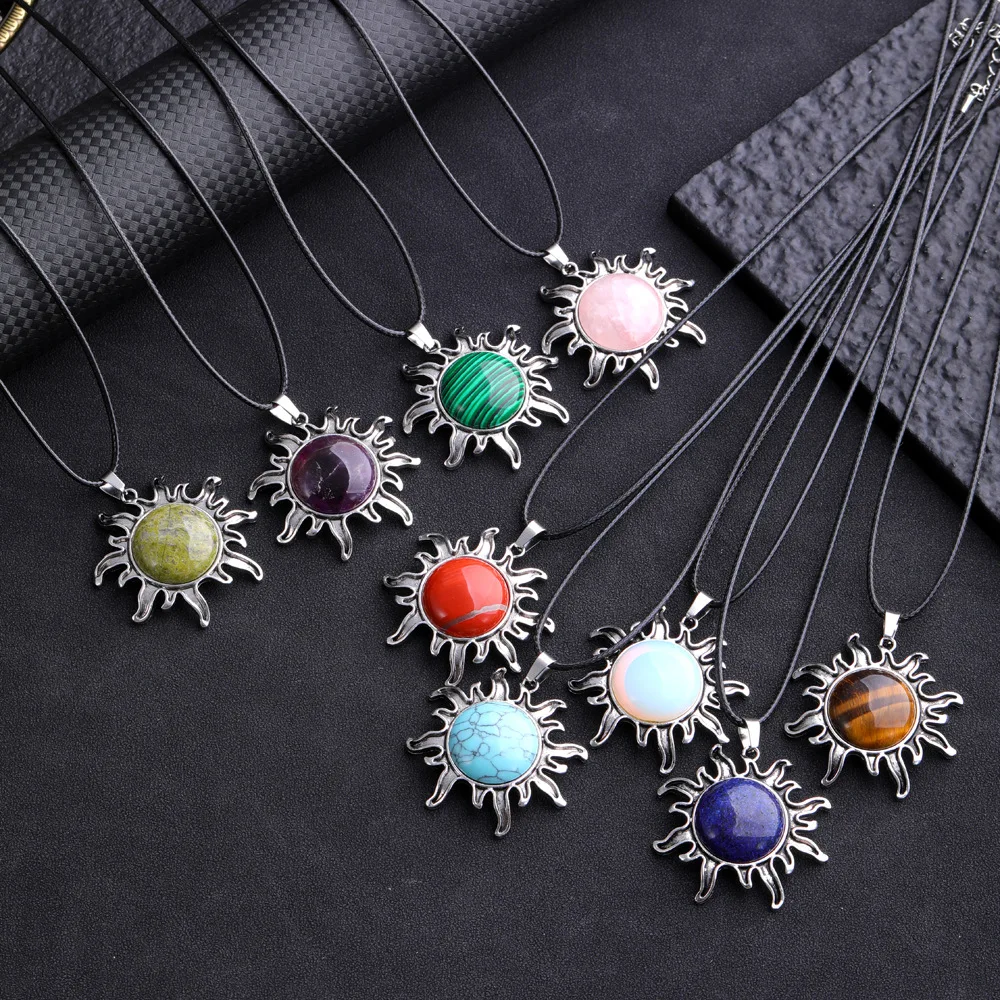 Fashion Natural Gem Stone Quartz Crystal Tiger-eye Plated Silver Alloy Sun Pendant Jewelry Making Accessories Sun Necklace Gift