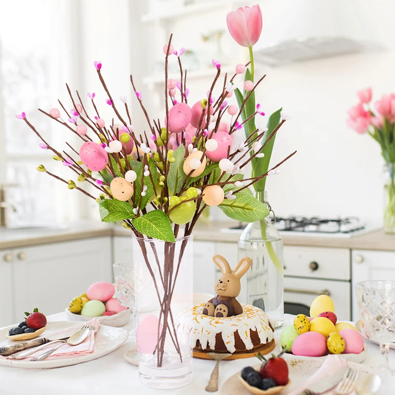 Huevo Artificial de Pascua, flor de espuma, rama de árbol, planta falsa, adornos de mesa para habitación, decoración de Pascua, suministros para