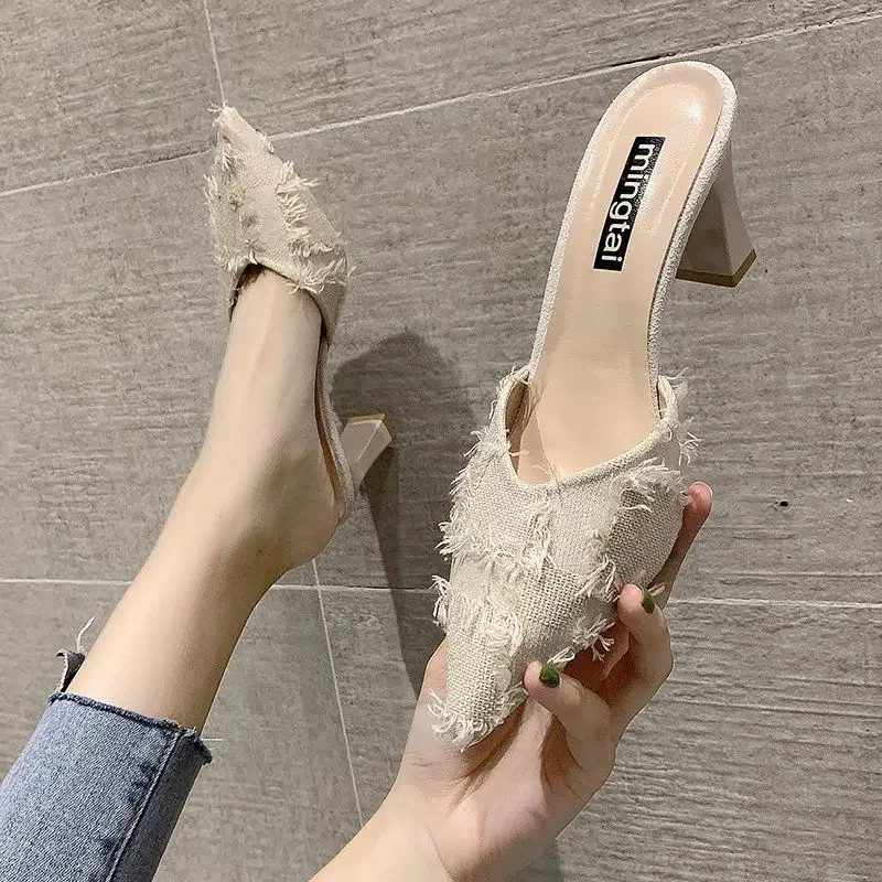 Indoor Outside Off White Shoes for Women Job Sandals Woman Slippers Mules Furry Heeled Sexy Pointed Toe Slides Wholesale W Eva F