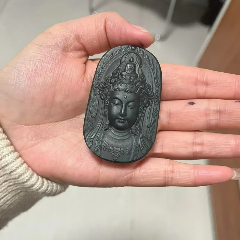 

Jia Le/ 100% Natural Hetian Cyan Jade Guanyin Head Necklace Pendant Fashion Personalized Men and Women Couples Amulet Gift