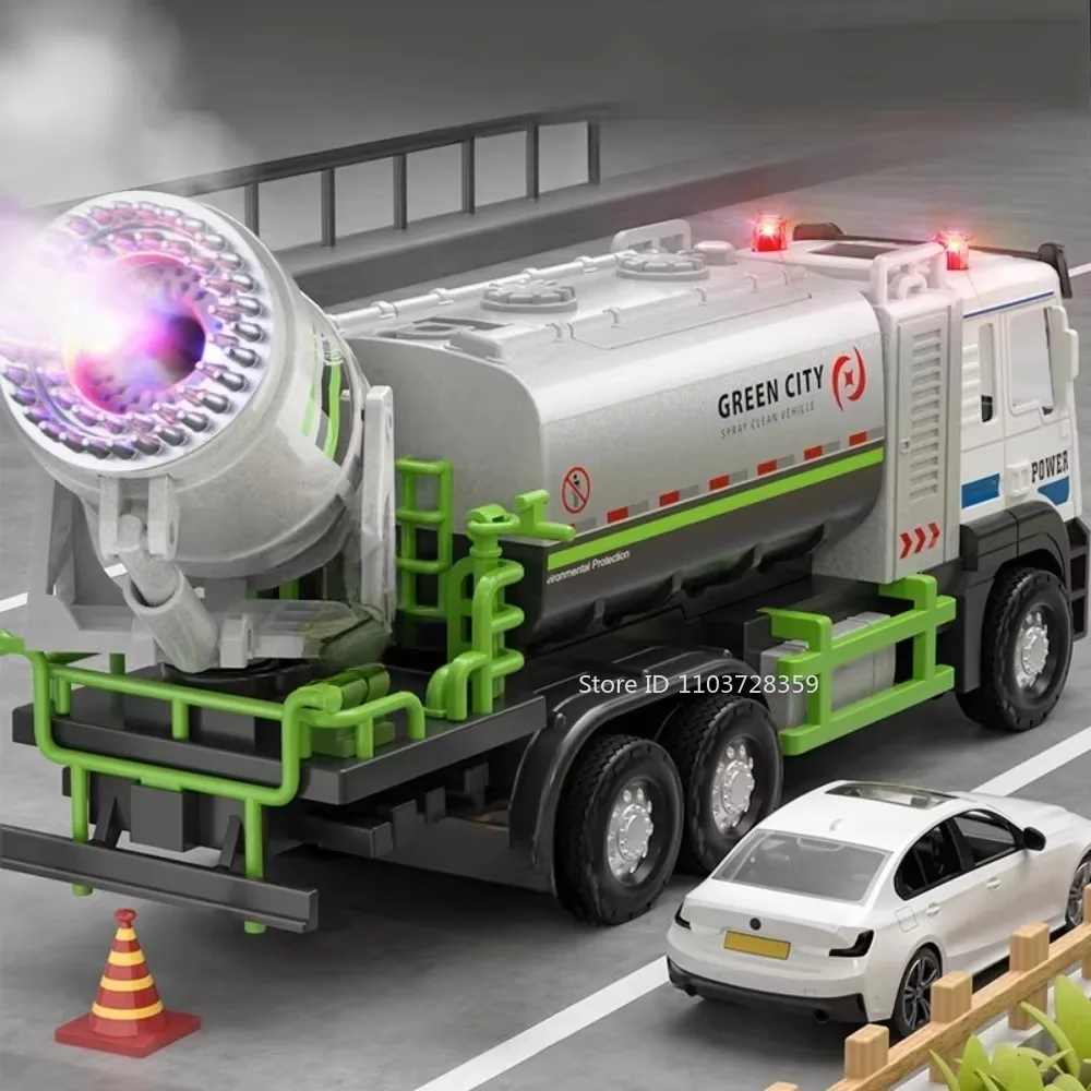 1:32 Modello Giocattolo Rimozione della polvere e Prevenzione della foschia Veicoli spray Pressofuso in lega Camion della spazzatura Suono Luce Tirare indietro per i regali dei ragazzi
