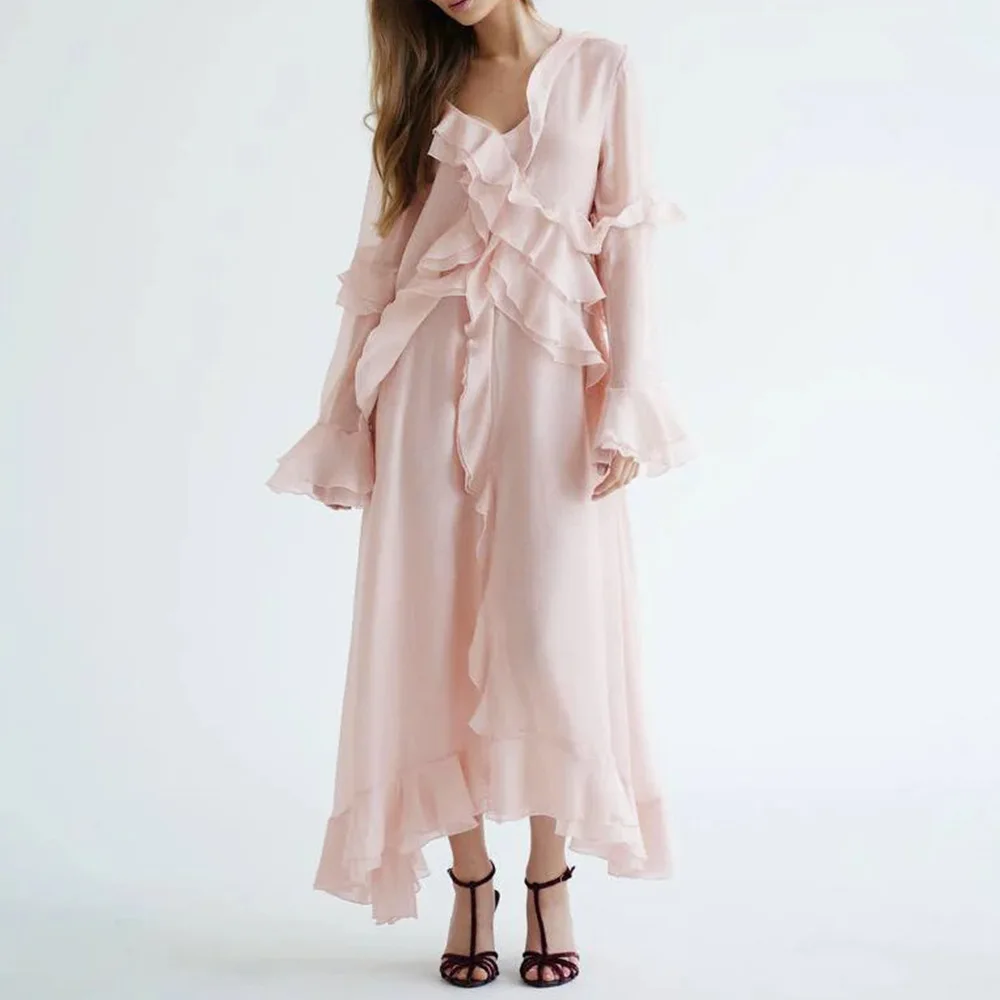 

Нежное асимметричное платье с V-образным вырезом и оборками, весенне-летнее, женское, трендовое, однотонное, свободное, мягкое, повседневное, для путешествий, с боковым разрезом и рукавами с оборками