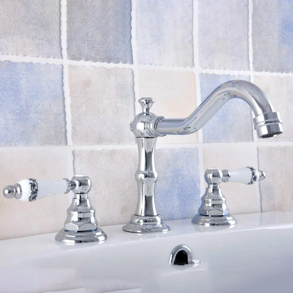 

Bathtub Faucets Chrome Polished Deck Mounted Bathroom Sink Faucets 3 Hole Double Handle Hot And Cold Water Tap tnf538