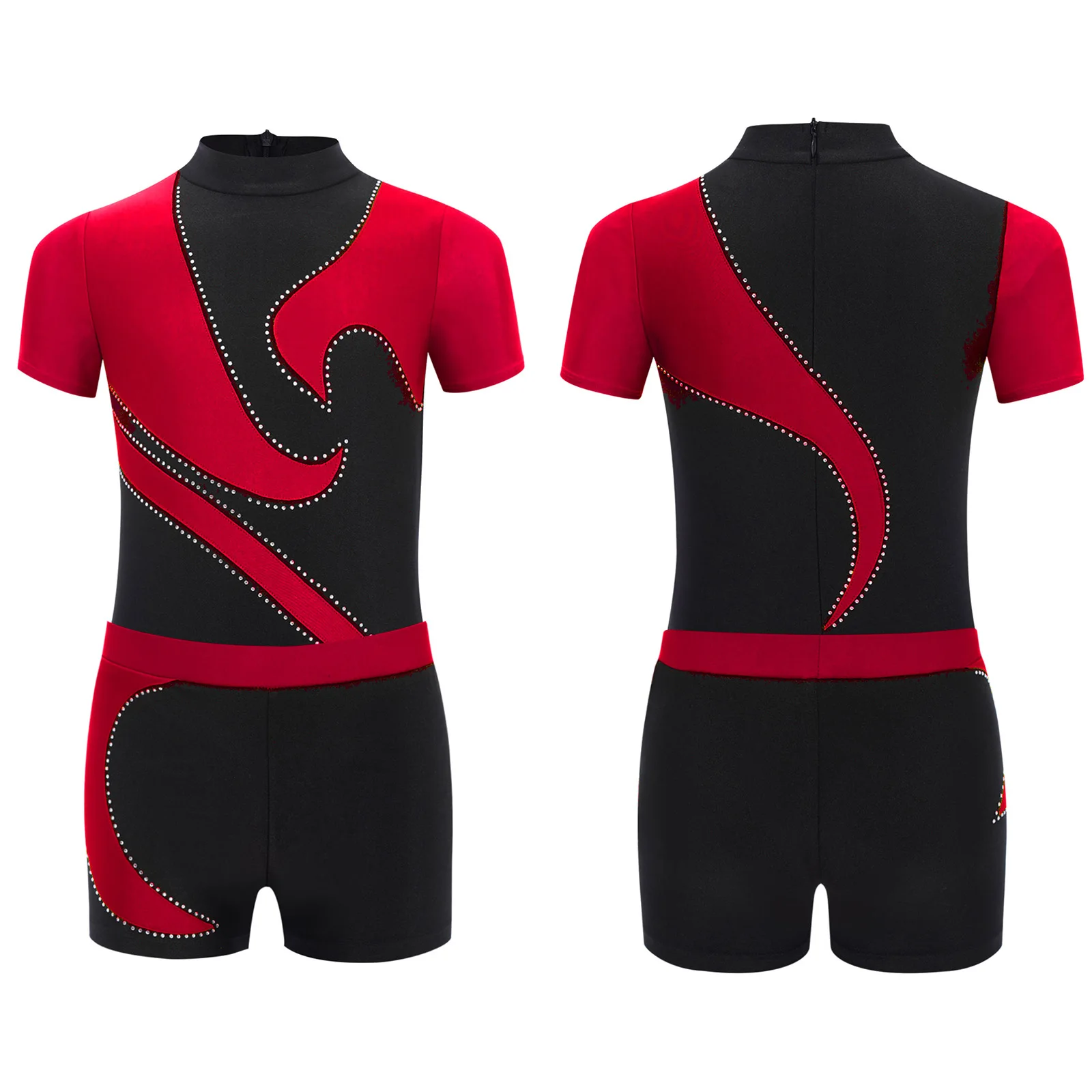 

Child Boys Color Block Gymnastics Outfits Short Sleeve Leotard with Elastic Waistband Shorts for Stage Performance Competition