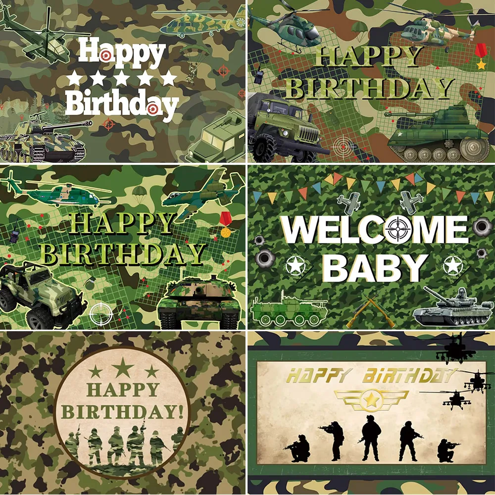 

Camouflage Soldiers Aircraft Tank Happy Birthday Background Decor Military Truck Theme Party Boy Kid Gift Photo Backdrop Prop