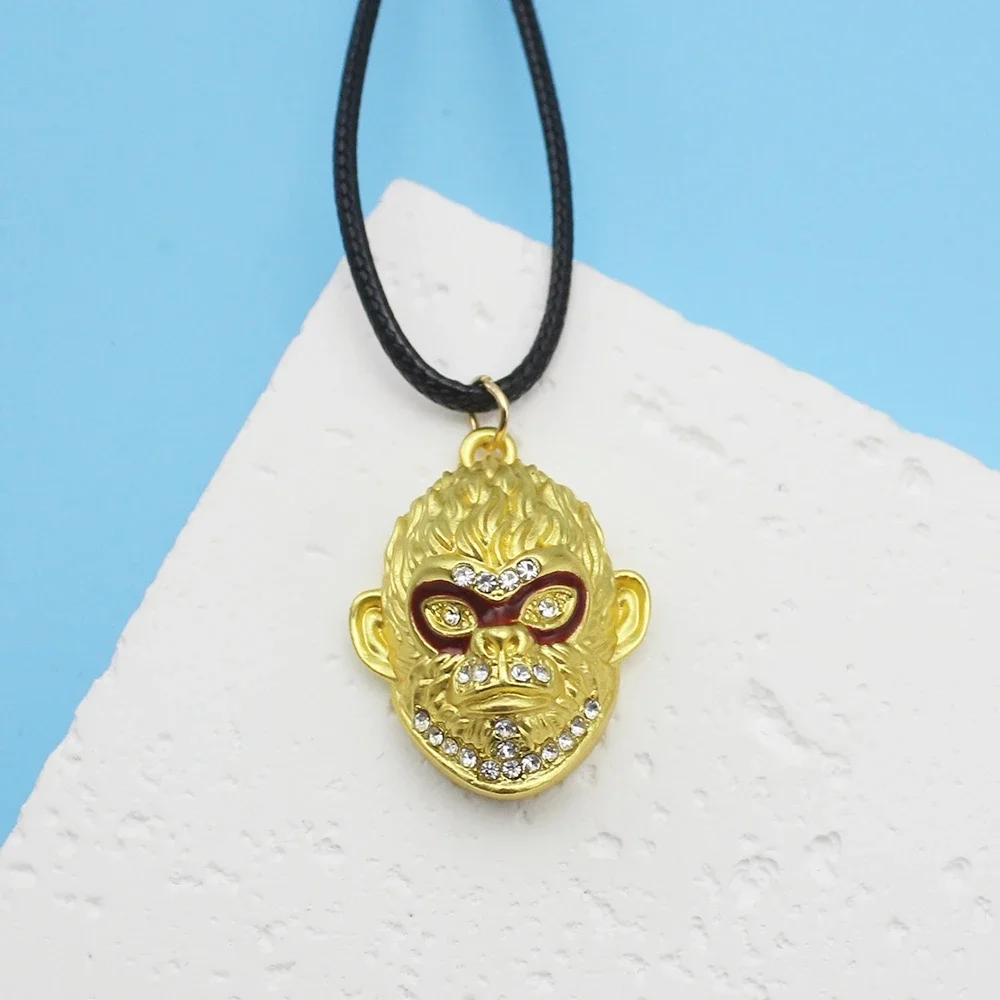Black Mythology Wukong ManMonkey Golden Head Pendant Leather Rope Chokers Necklace For Women Men Clavicle Jewelry Girl Boy