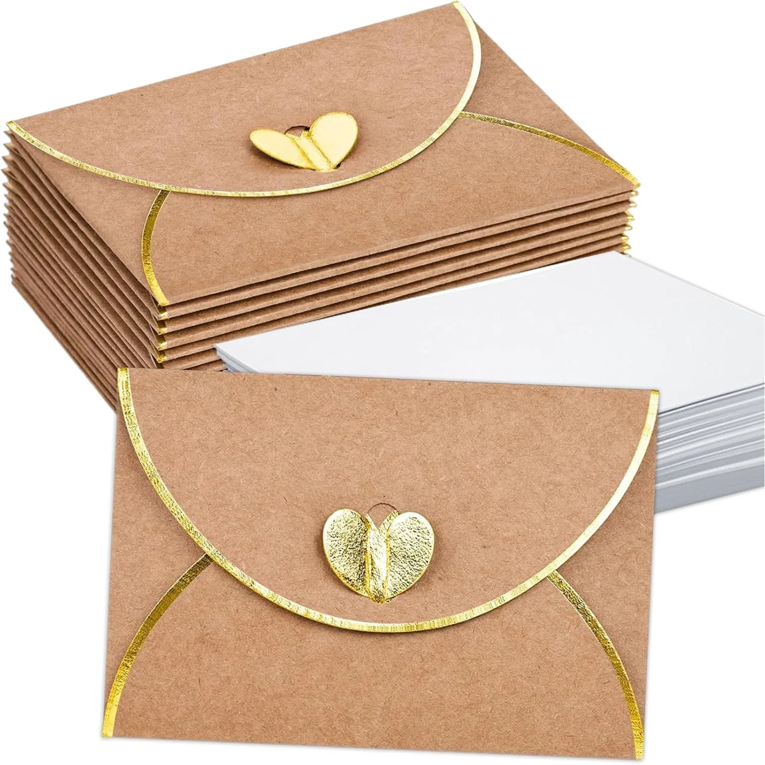 

25/50 Sets Mini Envelopes With Gold Heart-Shaped Buckles Blank Cards For Weddings, Holidays, Birthdays, Thank-You Graduation