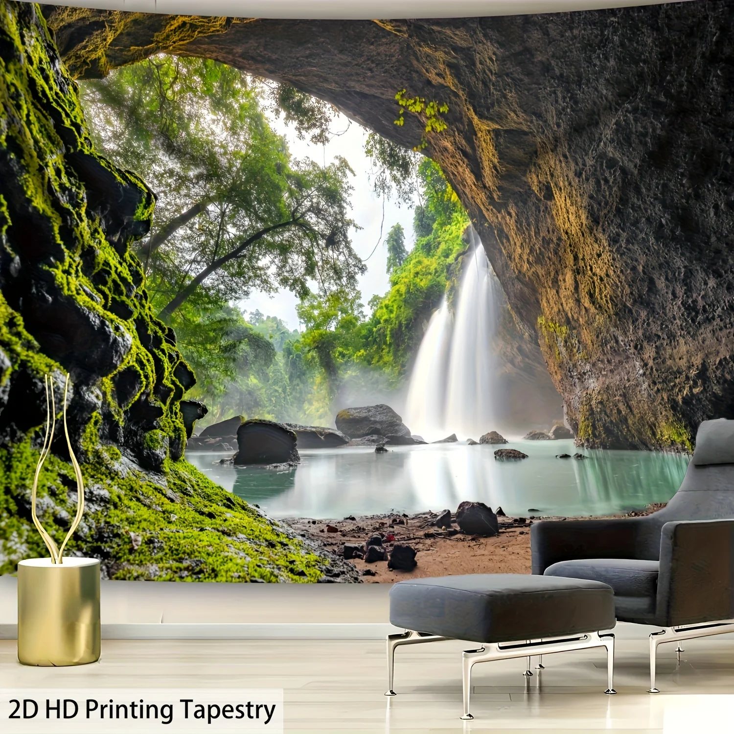 1pc Ultra Large Lush Cave Waterfalls Landscape Tapestry - Premium Wall Hanging with Free Hanging Clips, Vivid Nature Scene