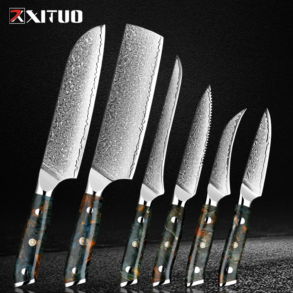 XITUO Damascus Kitchen Knife Set 1-6PCS, Super Sharp Santoku,Boning,Utility Knife Full Tang Stabilized Wood Ergonomic Handle