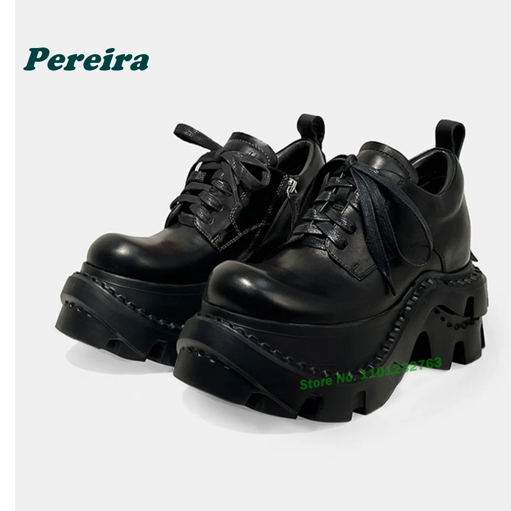 Thick Soled Retro Pumps Genuine Leather Round Toe Lace Up Shallow Women's Pumps Drak Black Gothic 2024 Newest Casual Shoes Sexy