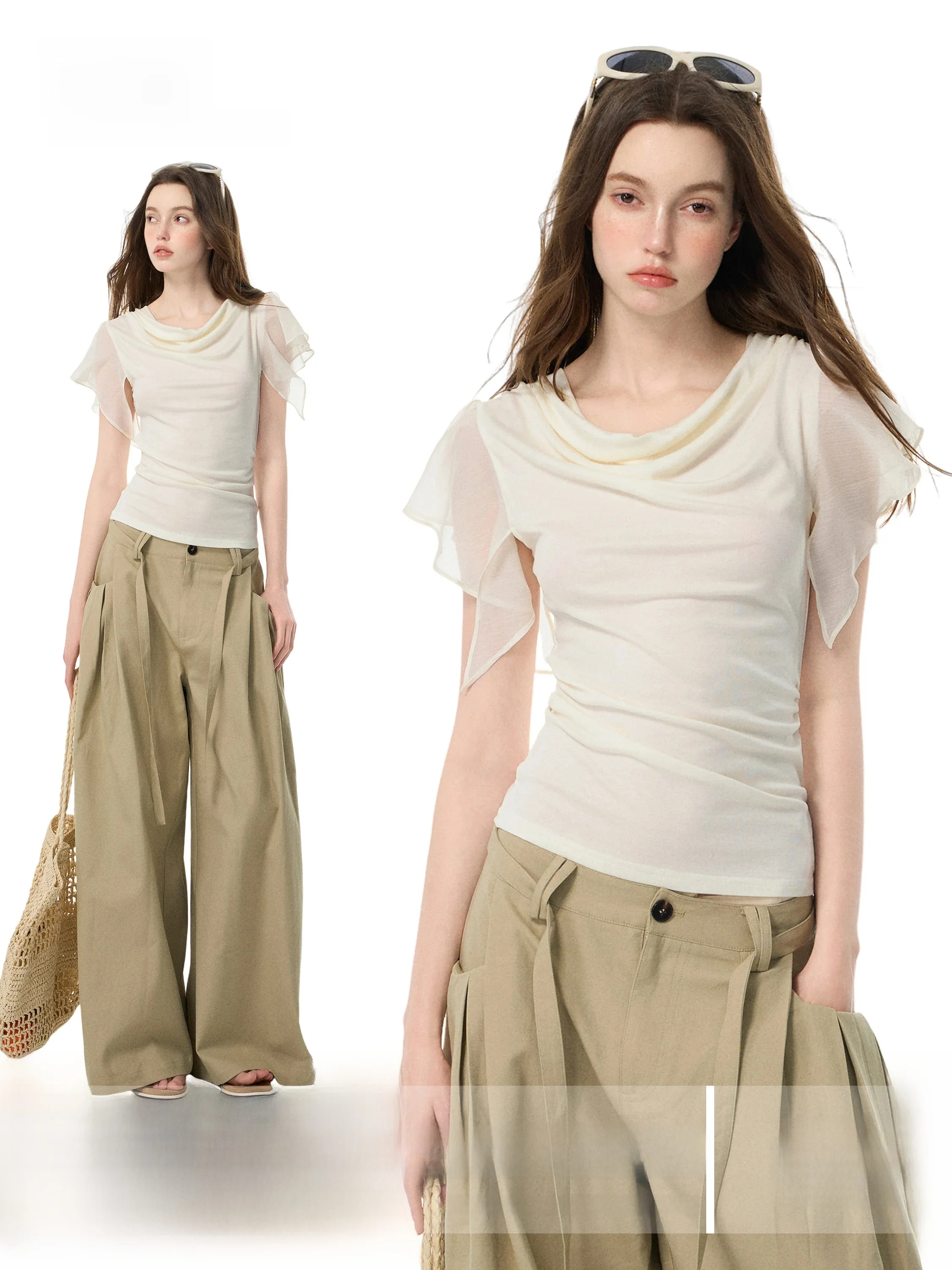 Slim Fit Short Sleeve T-Shirt Women's Summer New Style Waist Cinching Design Sensation Small Flying Sleeve Short Top