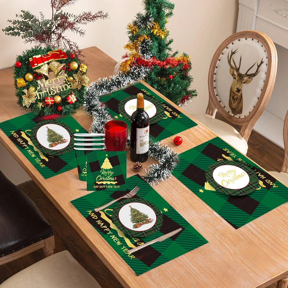 

USA Stock Paper Plate Paper Cup Napkin Collection Christmas Tree Party 10 Gusets Paper Tableware Set