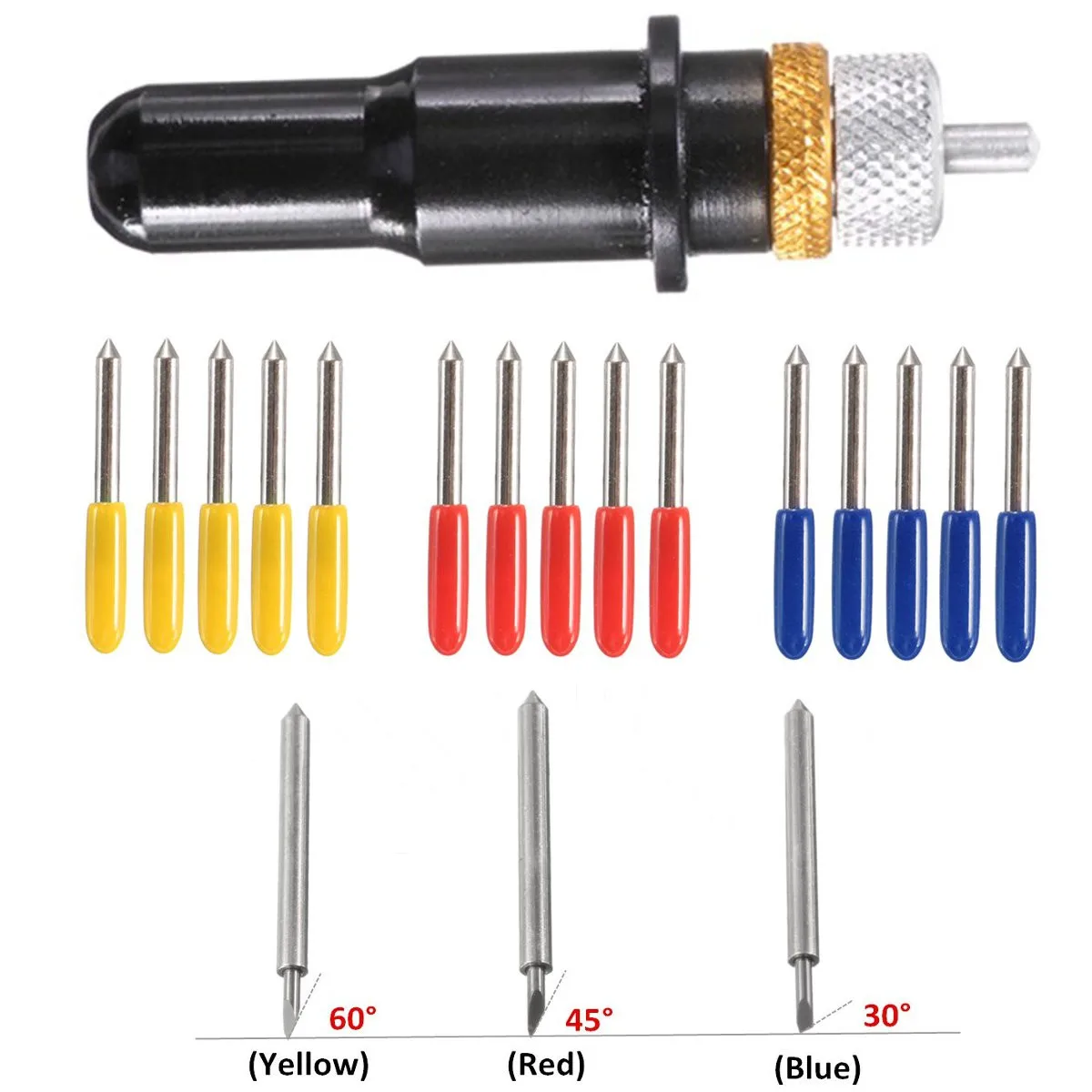 

New 12mm Black Cutting Plotter With Holder Milling Cutter 5pcs Blades 30/45/60 Degree for Rolan d Vinyl Cutter Blade