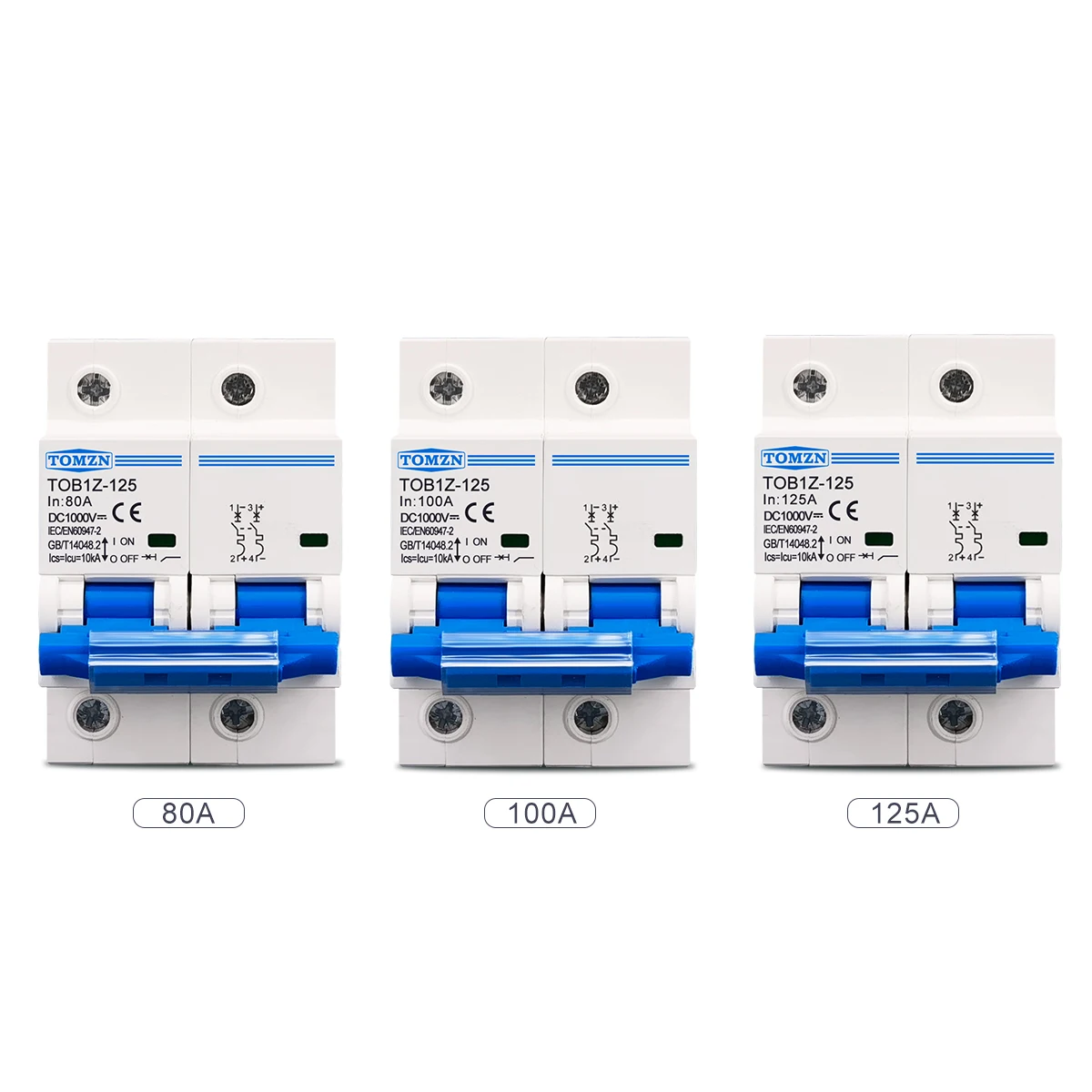 TOMZN 2P 1000V DC MCB 80A 100A 125A Circuit breaker FOR PV System C curve Battery Main Switch