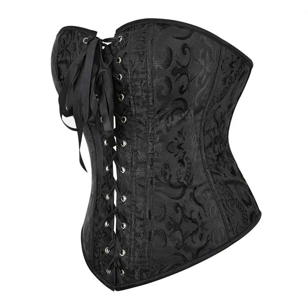 Women Black Jacquard Corset Top Vintage Sexy Lace-Up Korsett Bustier Gothic Three Row Buckle Burlesque Basque Corsets