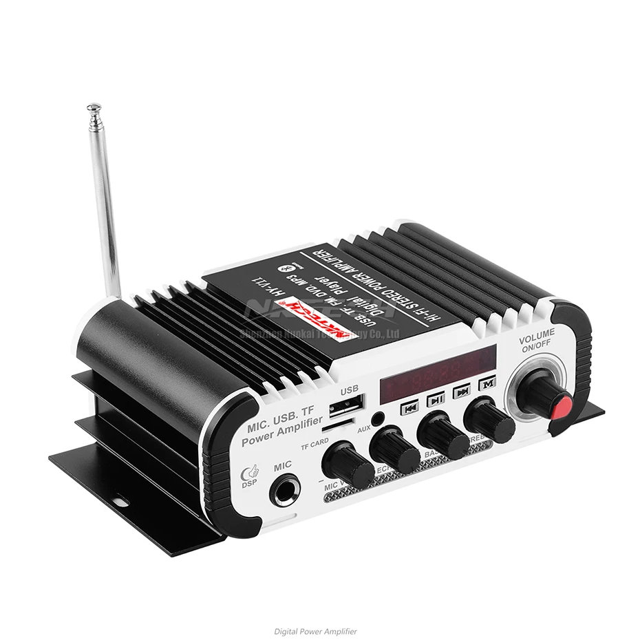 NKTECH-REPRODUCTOR de Audio Digital HY-V11 para coche, amplificador de potencia con Bluetooth, 2 canales x 20W, estéreo Hi-Fi, amplificador de graves con micrófono, reverberación de Karaoke