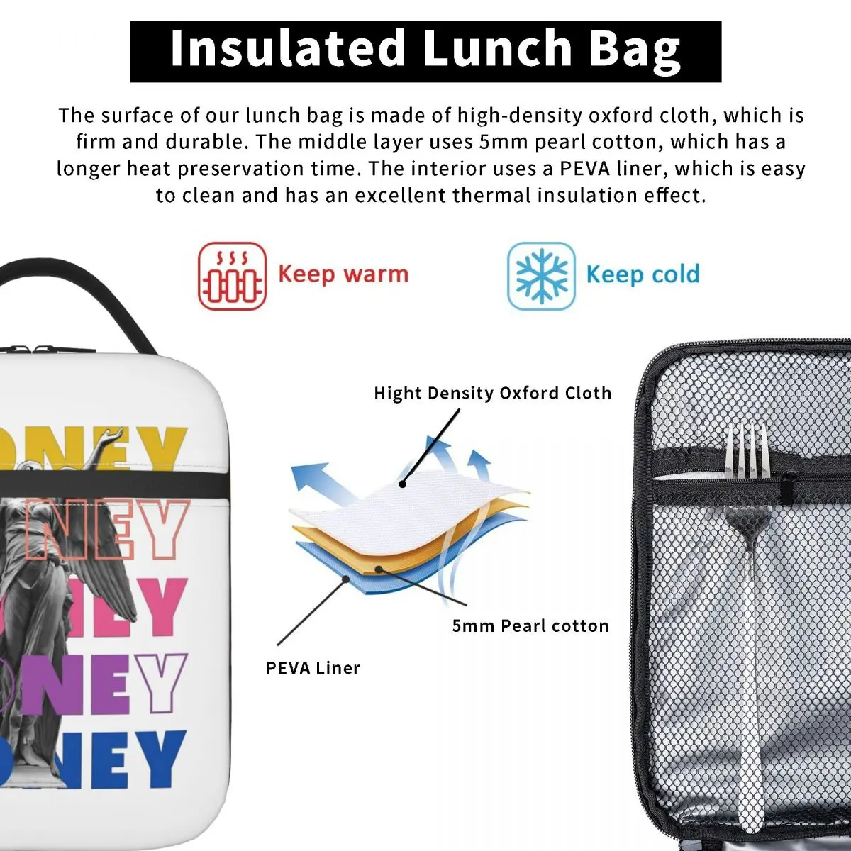 Money Angel Renaissance Angel MONEY Insulated Lunch Bag Food Bag Reusable Thermal Cooler Lunch Boxes For Picnic