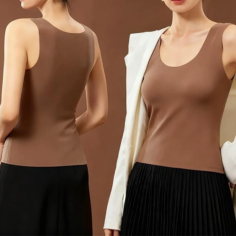 1/2 Pièces Gilet Thermique Doux et Chaud Sans Couture pour Femme, Sous-vêtement Thermique Col Rond, Débardeur Amincissant, Tailles XL-3XL