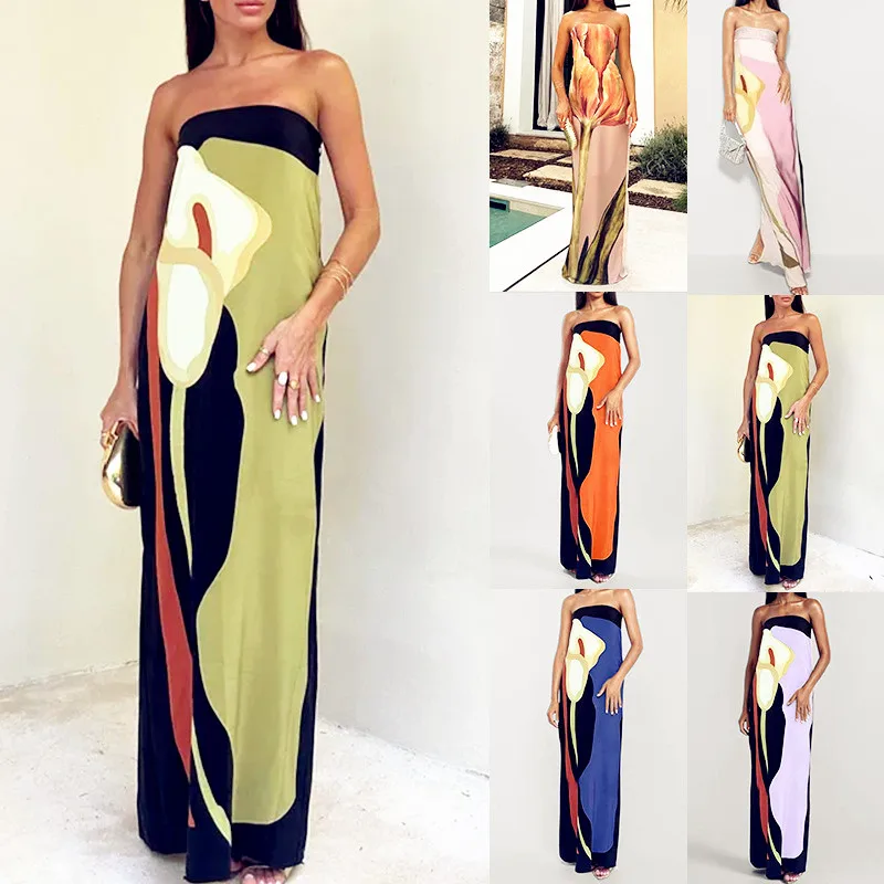 Abito da donna ampio con volant per le vacanze senza maniche, reggiseno senza spalline, abito senza maniche, grande, grande, estivo, da spiaggia, elegante, maxi abiti