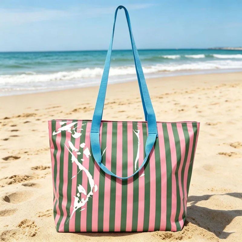 Gestreifte Wasserdichte Große Strandtasche für Frauen Reise-Aufbewahrungstasche Nylon-Handtasche Schultertasche für Sommerurlaub