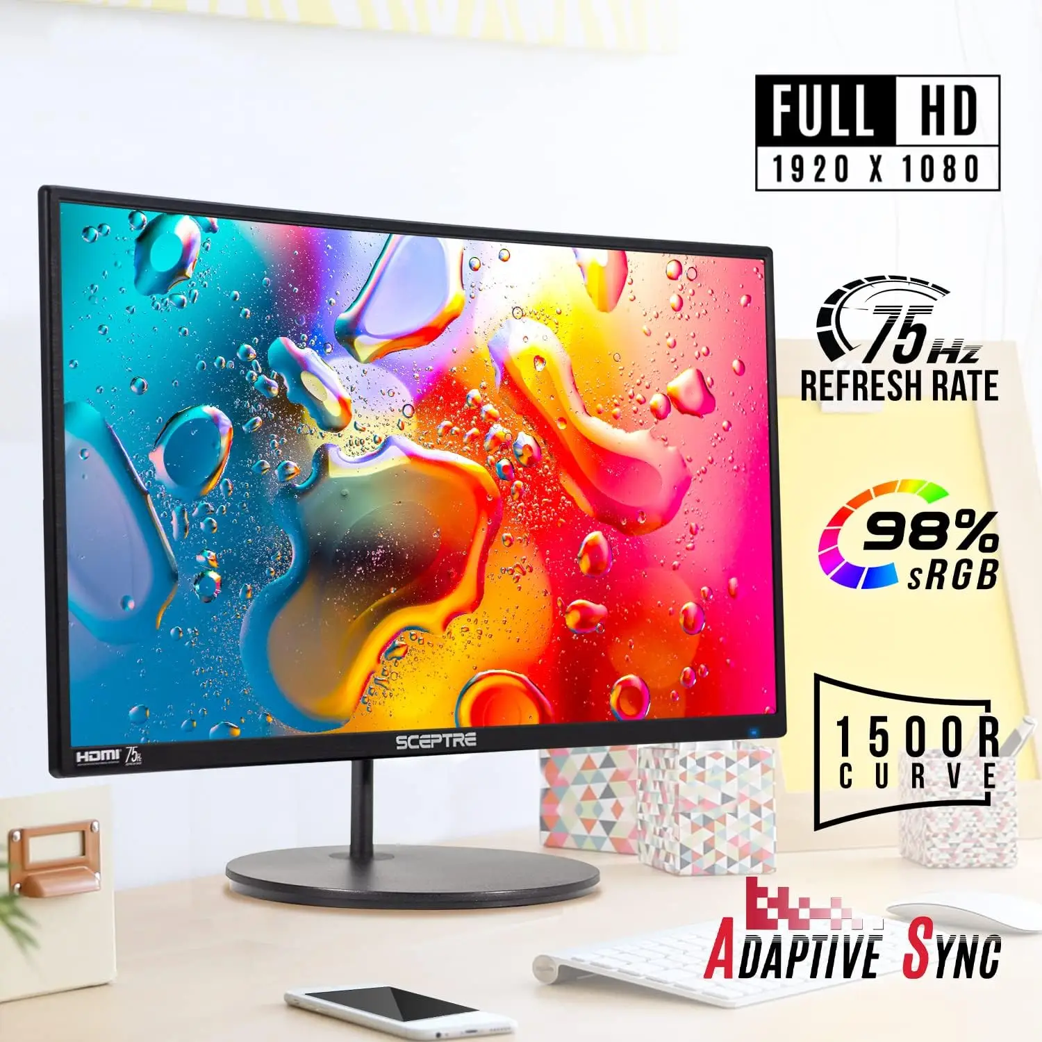 커브드 24 인치 게이밍 모니터, 1080p R1500 98% sRGB HDMI x2 VGA 내장 스피커, VESA 벽걸이 기계, 블랙