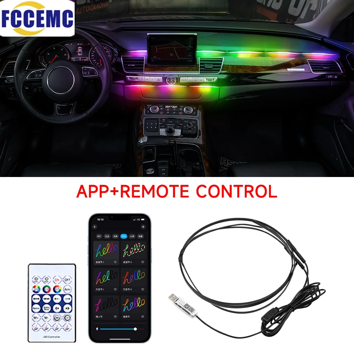 

RGB USB Car Interior Ambient Light Rainbow Acrylic Strip LED APP Music Control For Tesla Model y 3 Dashboard Atmosphere Lamp