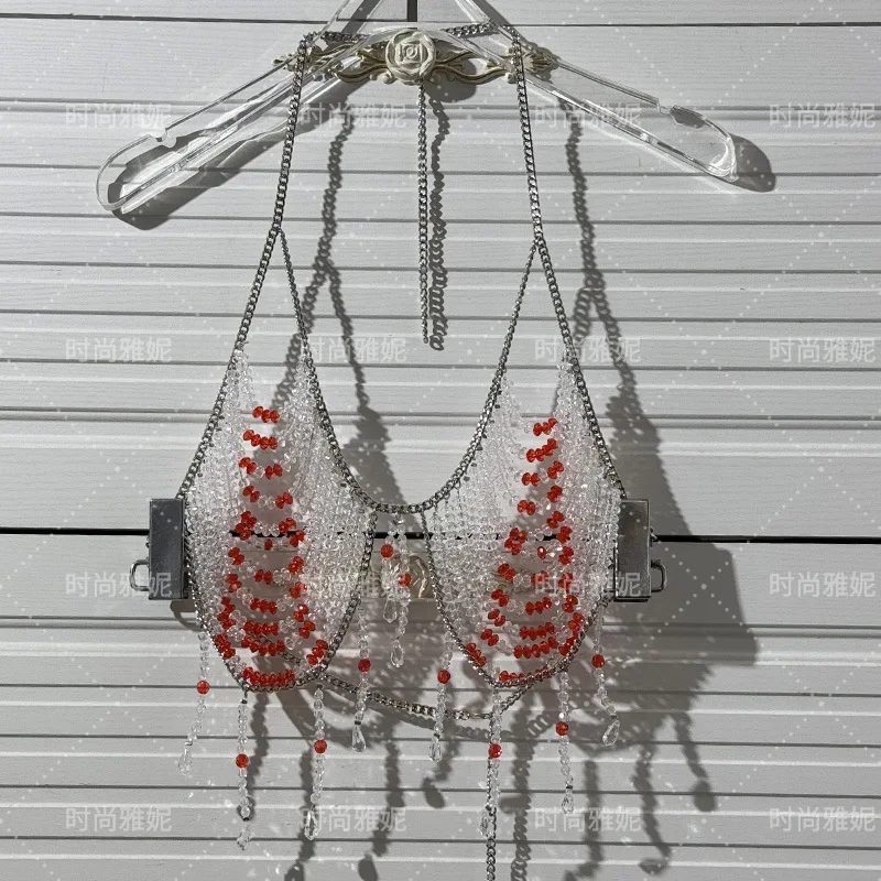 Hot Sale Sexy Women Handmade Body Chain Tassel Neck Girls Lingerie Bikini Chest Jewelry Acrylic Top Trendy Beachwear