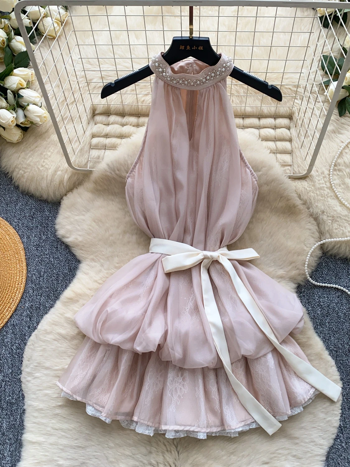 

Heavy Embellished Beaded Women's Dress Summer Waist Cinched Belted Knot Sweet Strap Dress Commute Style Polyes...