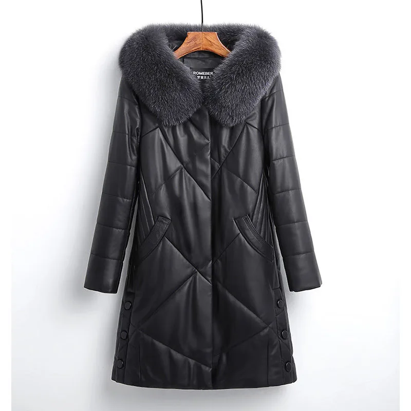 

New Winter Chic Pu Leather Down Cotton Jacket Women's Overcoat Thick Warm Parka Coat Long Plus Size 5XL Sheepskin Hooded Coat