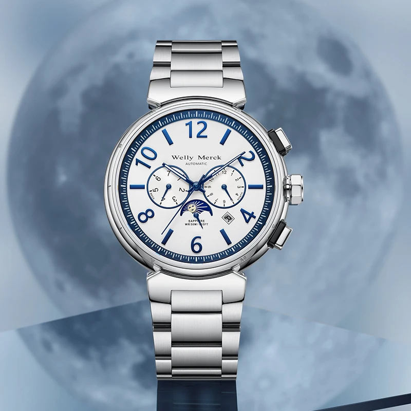ساعة WM ساعات آلية أوتوماتيكية مقاومة للماء كلاسيكية كاجوال لرجال الأعمال ساعة Welly Merck WM108M