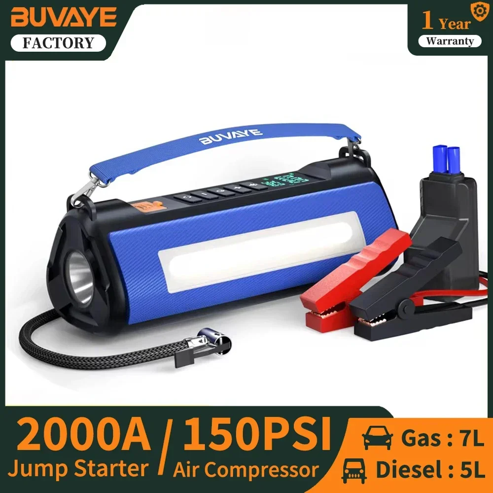 

BUVAYE Jump Starter Power Bank с компрессором 150PSI, усилитель батареи 2000A для автомобиля, портативный воздушный насос 12 В для надувных лодок