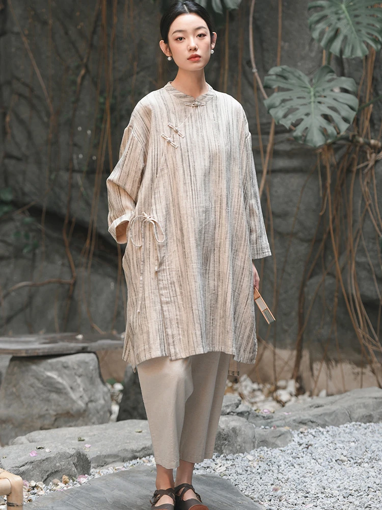 

Chinese Style Women Casual Linen Dress New Arrival 2025 Spring Vintage Stand Collar Loose Female Knee-length Dresses M882
